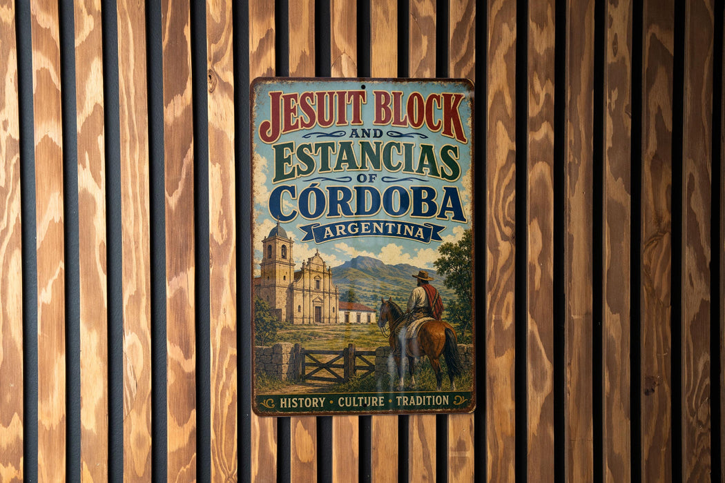 A vintage-style metal sign with the text "JESUIT BLOCK AND ESTANCIAS OF CORDOBA ARGENTINA" displayed on a wooden wall.