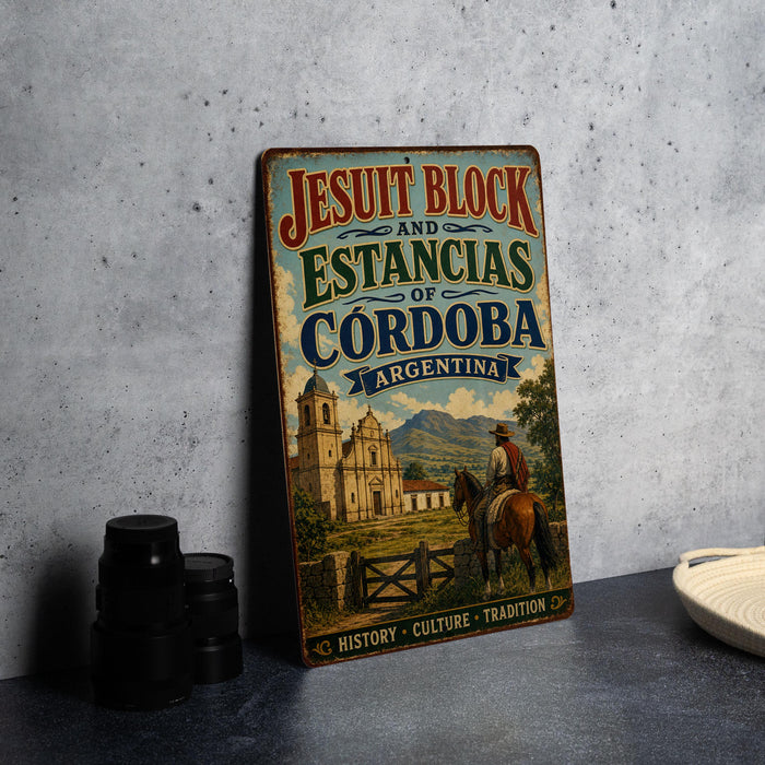 A vintage-style metal sign with the text "JESUIT BLOCK AND ESTANCIAS OF CORDOBA ARGENTINA" and an illustration of a man on a horse in front of a building.