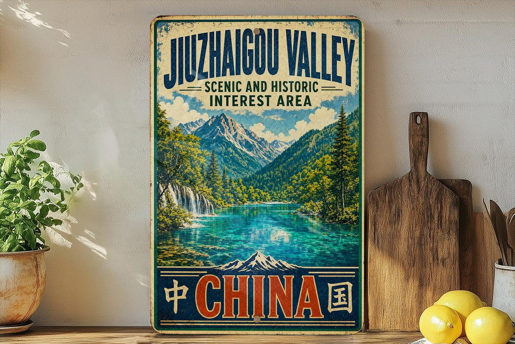 A vintage-style poster advertising the Juzhaigou Valley in China, featuring a scenic mountain landscape with a lake and waterfall.