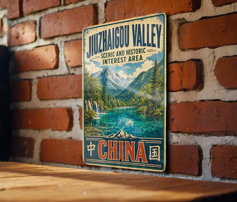 A vintage-style metal sign with the text "JUZHAIACOU VALLEY SCenic and Historic Interest Area" and "CHINA" printed on it, hanging on a brick wall.