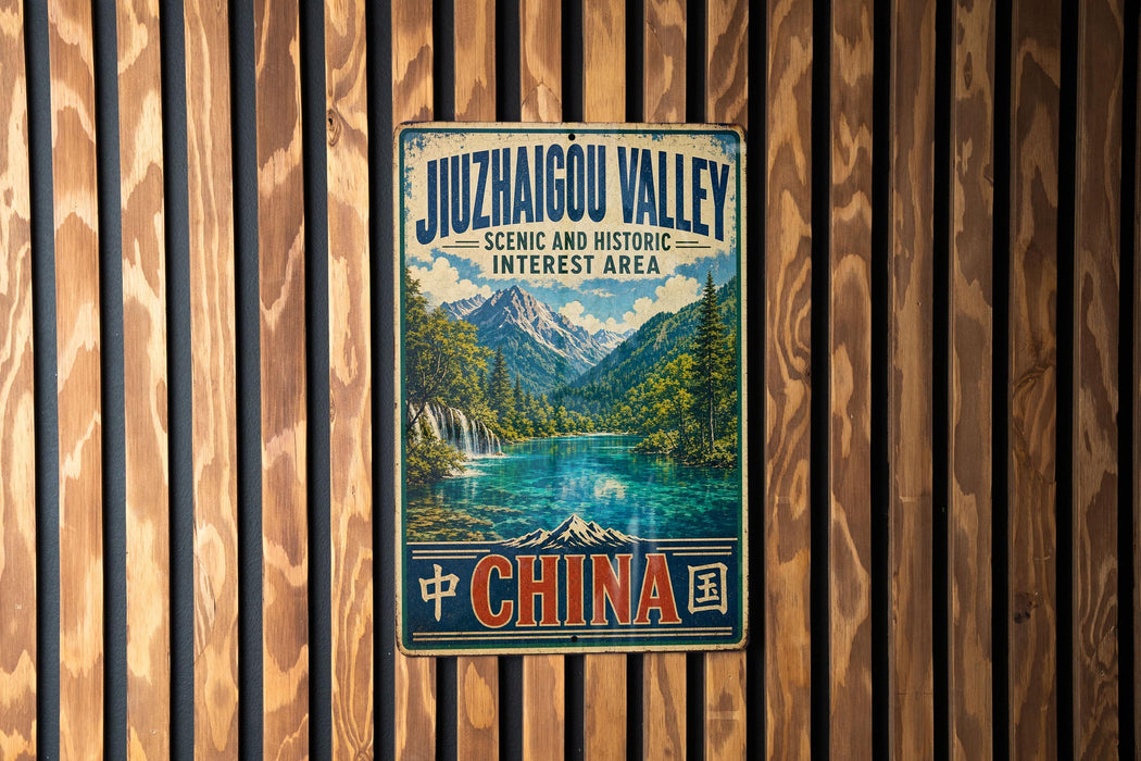 A vintage-style metal sign for the Juzhaigou Valley in China, featuring a scenic landscape with mountains, water, and a waterfall.