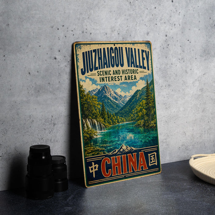 A vintage-style metal sign for the Juzhailou Valley in China, featuring a scenic landscape with mountains, waterfalls, and a lake.