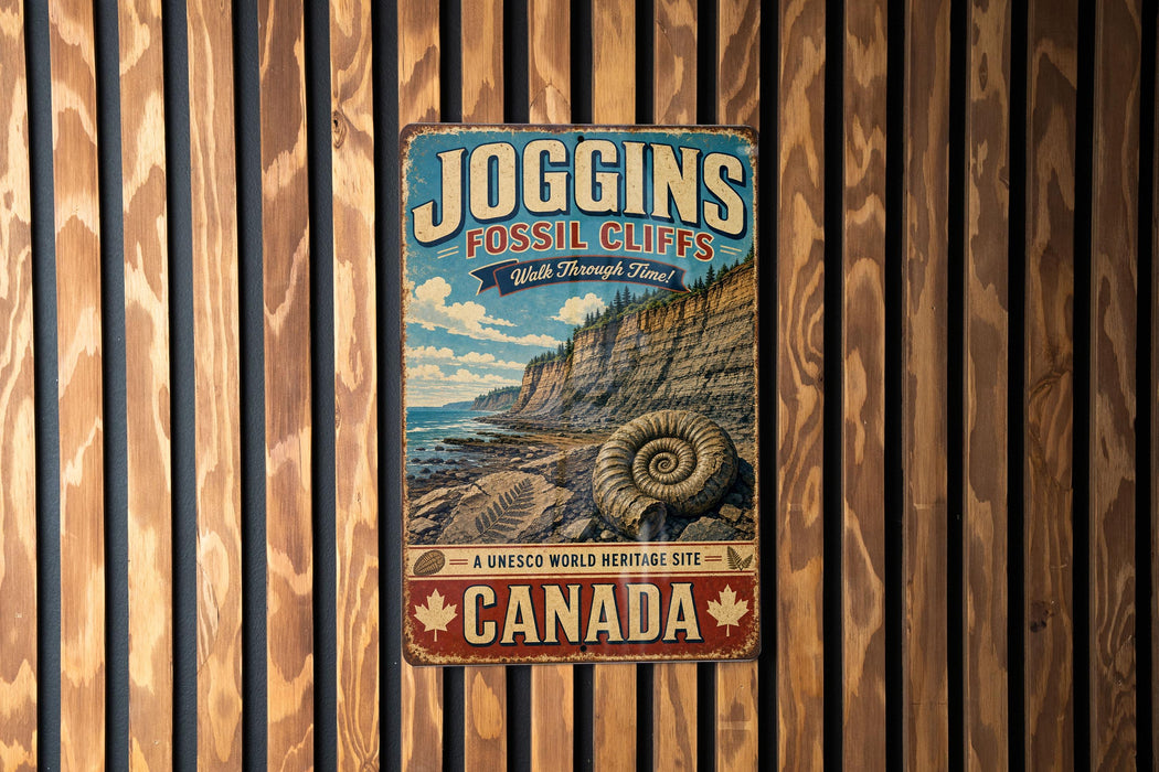 A vintage-style metal sign advertising Joggins Fossil Cliffs, a world heritage site in Canada, with a scenic illustration of a cliff and a spiral fossil.