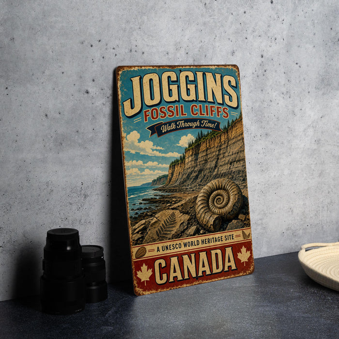 A vintage-style metal sign advertising the Joggins Fossil Cliffs in Canada, featuring a scenic illustration of the cliffs and a spiral fossil.