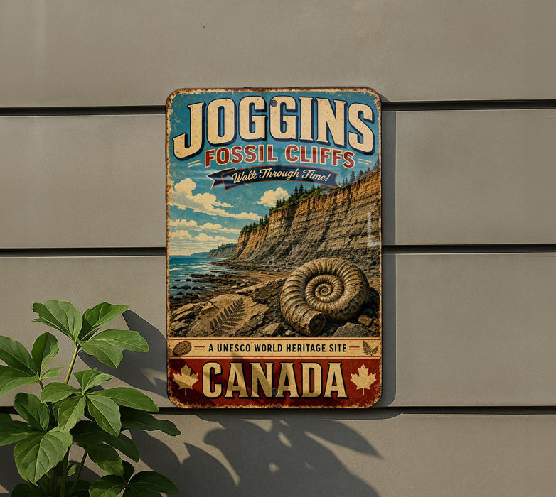 A vintage-style metal sign advertising the Joggins Fossil Cliffs, a world heritage site in Canada, with a scenic image of the cliffs and a spiral fossil.