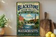 A vintage-style metal sign for the Blackstone River Valley National Heritage Corridor in Massachusetts, featuring a scenic illustration of a river, bridge, and buildings.