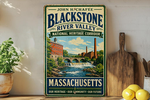 A vintage-style metal sign for the Blackstone River Valley National Heritage Corridor in Massachusetts, featuring a scenic illustration of a river, bridge, and buildings.
