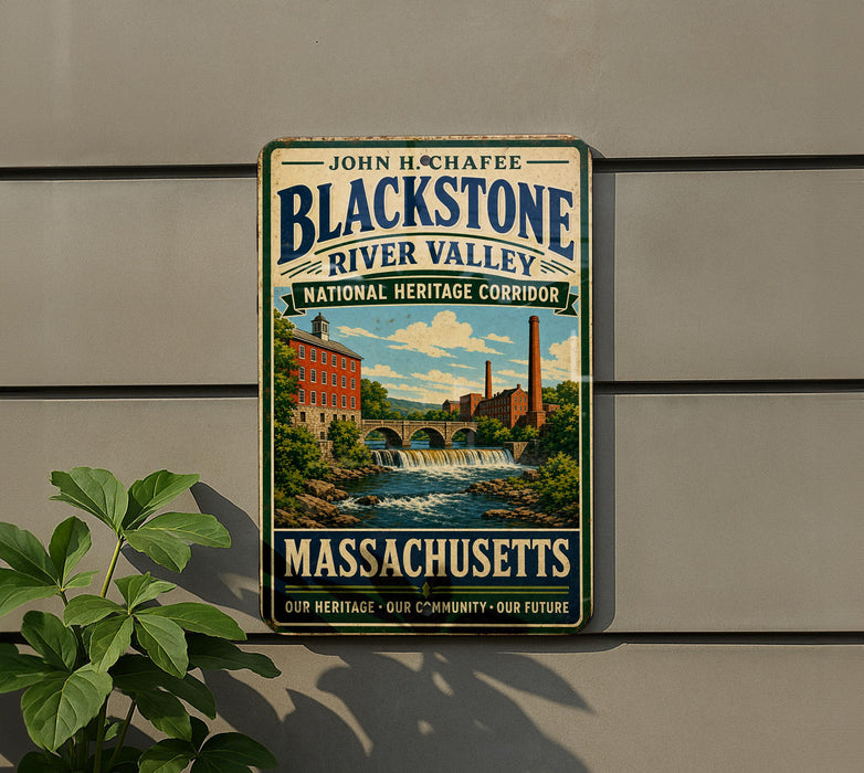 A vintage-style metal sign for John H. Chafee Blackstone River Valley National Heritage Corridor, located in Massachusetts.
