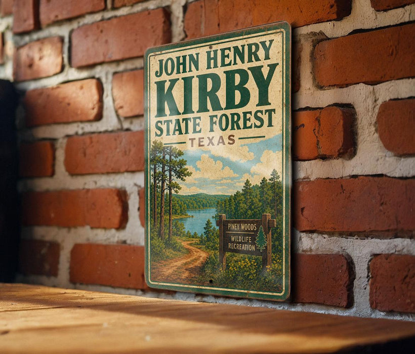 A vintage-style sign for John Henry Kirby State Forest in Texas, featuring a scenic landscape with a lake and forest.