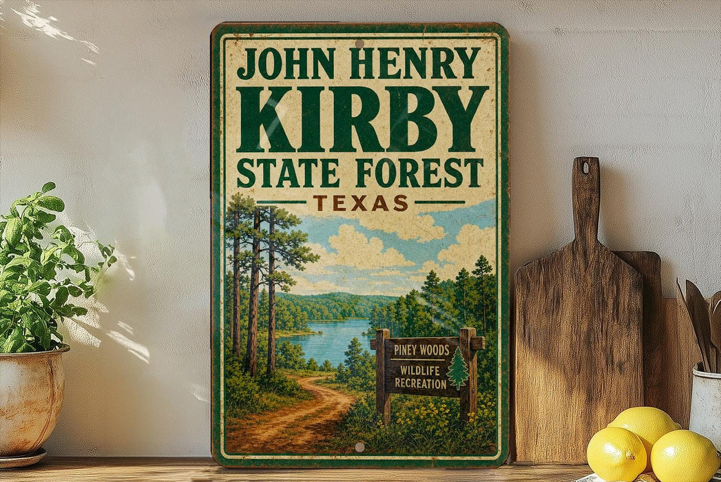 A vintage-style sign for John Henry Kirby State Forest in Texas, featuring a scenic landscape with a lake and pine trees.