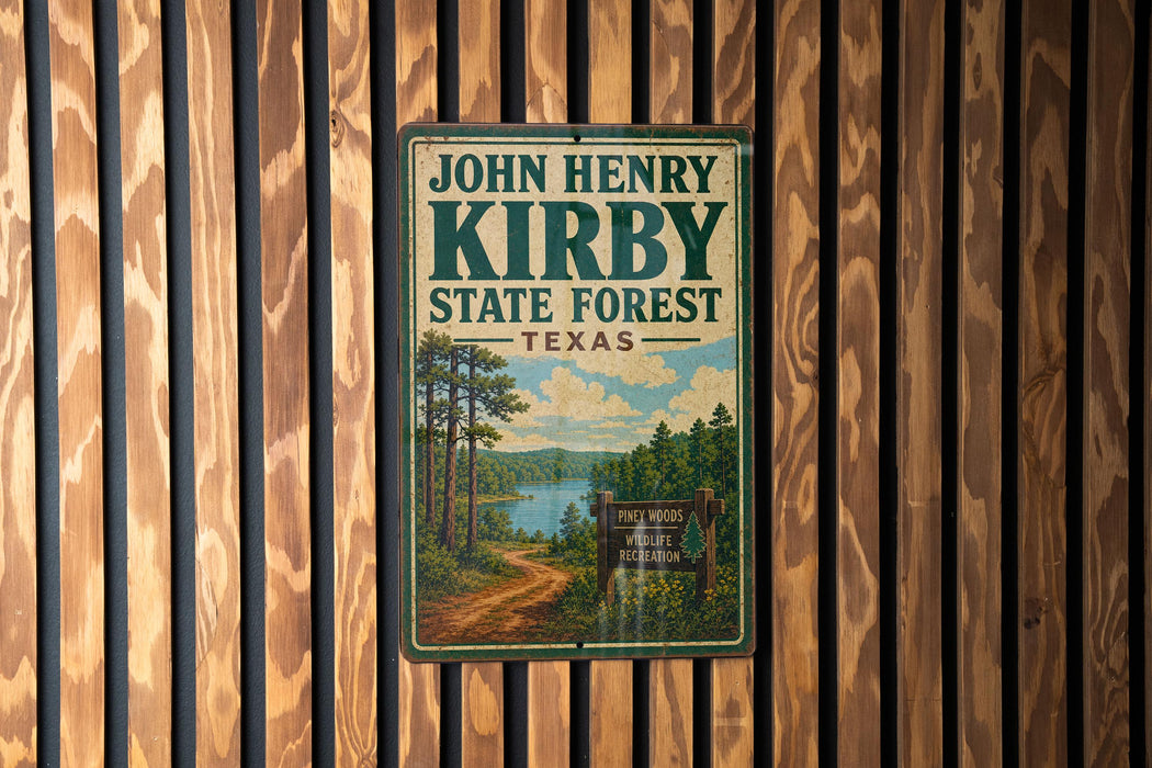 A vintage-style metal sign for John Henry Kirby State Forest in Texas, featuring a scenic illustration of a forest and a lake.