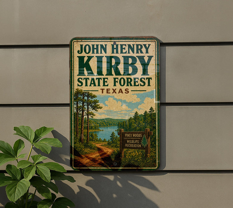 A vintage-style sign for John Henry Kirby State Forest in Texas, featuring a scenic landscape with a lake and pine trees.
