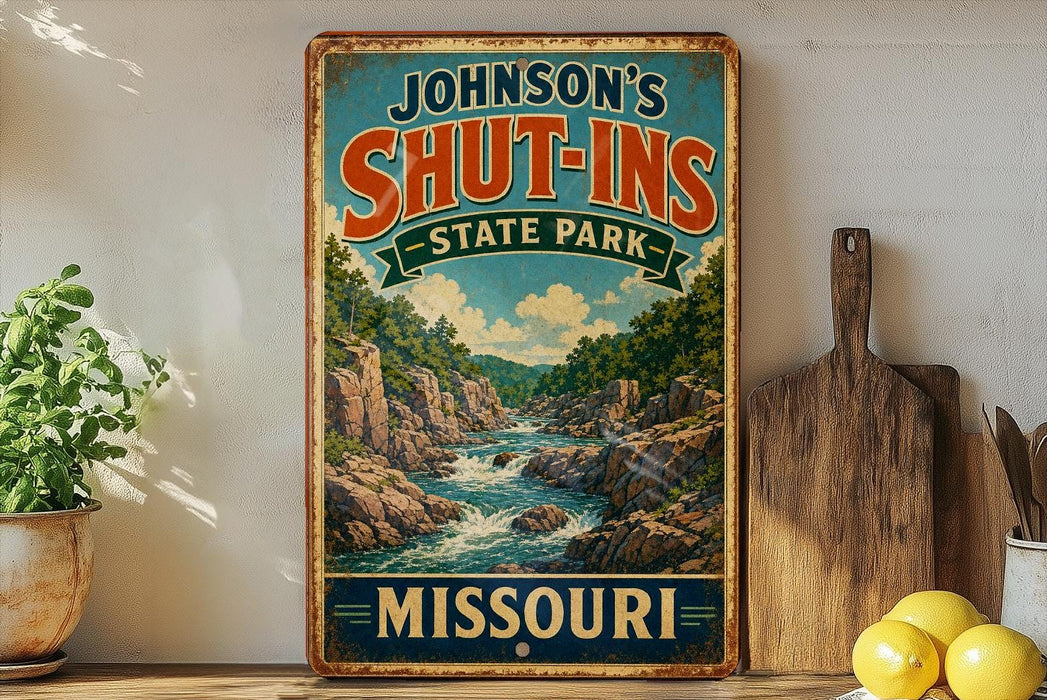 A vintage-style sign for Johnson's Shut-Ins State Park in Missouri, featuring a scenic illustration of a river and mountains.