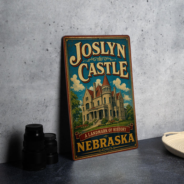 A vintage-style metal sign for Joslyn Castle, a landmark of history in Nebraska, is displayed on a gray countertop next to a stack of black camera lenses.