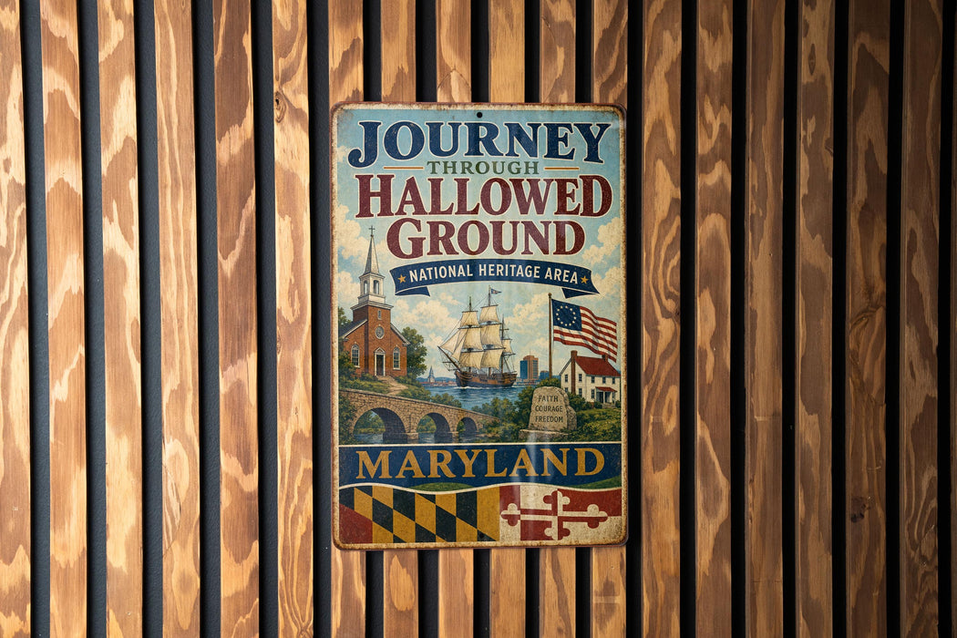 A vintage metal sign with the text "Journey Through Hallowed Ground" and "National Heritage Area" hangs on a wooden wall.