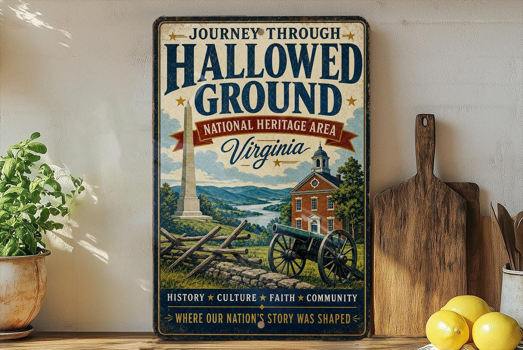 A vintage-style metal sign with the text "Journey Through Hallowed Ground" and "National Heritage Area Virginia" is displayed on a shelf, accompanied by a wooden cutting board and a potted plant.