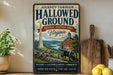A vintage-style metal sign with the text "Journey Through Hallowed Ground" and "National Heritage Area Virginia" is displayed on a shelf, accompanied by a wooden cutting board and a potted plant.