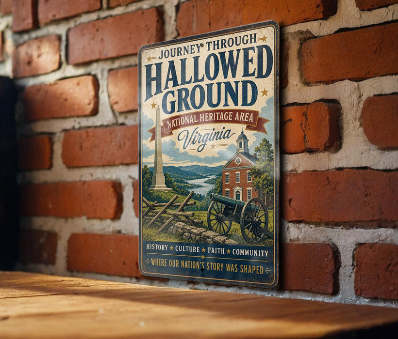 A vintage-style metal sign with the text "Journey Through Hallowed Ground" and "National Heritage Area Virginia" hangs on a brick wall.