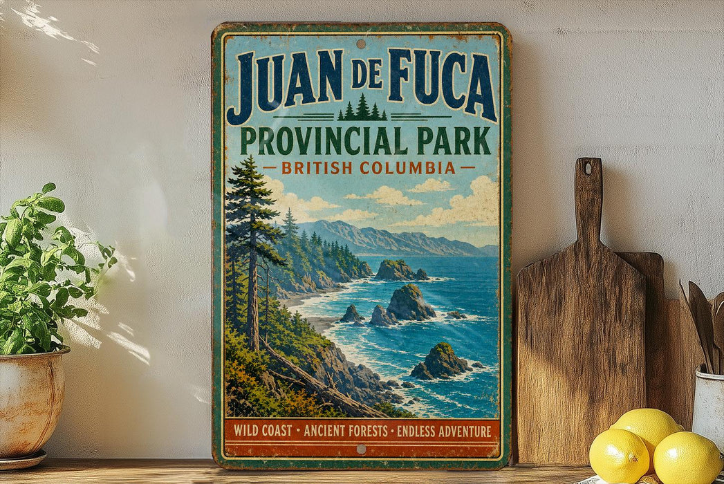 A vintage-style sign for Juan de Fuca Provincial Park in British Columbia, Canada, featuring a scenic coastal landscape with rocky cliffs, pine trees, and a blue ocean.