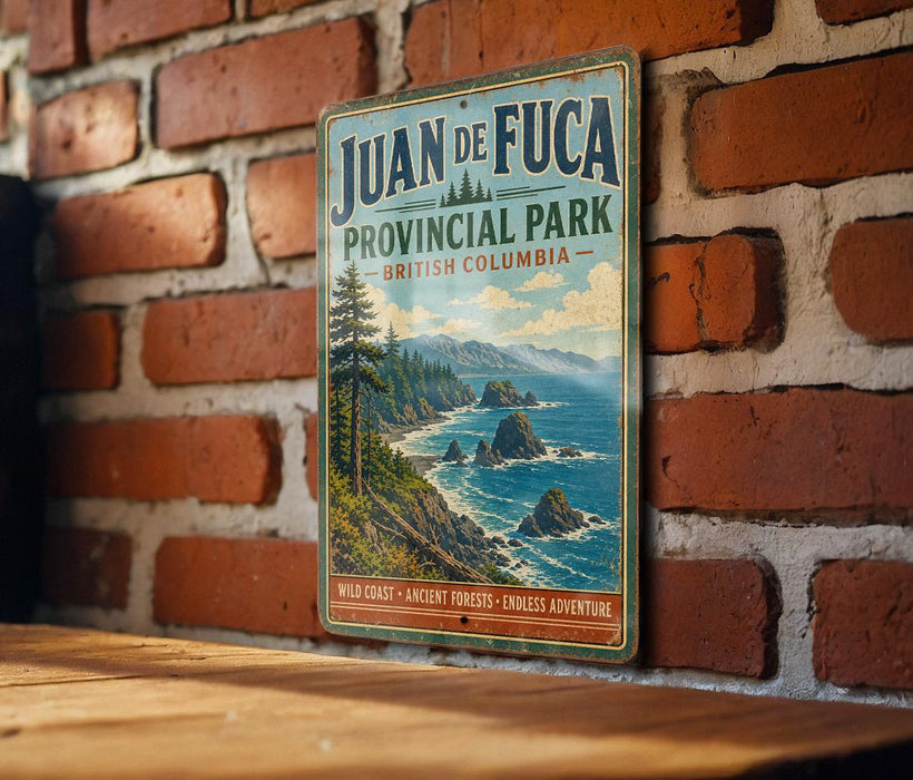 A vintage-style sign for Juan de Fuca Provincial Park in British Columbia, Canada, featuring a scenic coastal landscape with mountains, trees, and a body of water.