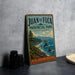A vintage-style sign for Juan de Fuca Provincial Park in British Columbia, Canada, featuring a scenic coastal landscape with rocky cliffs, pine trees, and the ocean.