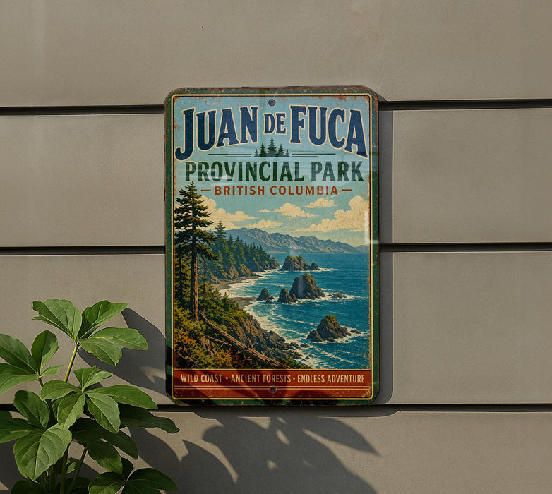A vintage-style sign for Juan de Fuca Provincial Park in British Columbia, Canada, featuring a scenic coastal landscape with rocky cliffs, pine trees, and a body of water.