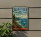 A vintage-style sign for Juan de Fuca Provincial Park in British Columbia, Canada, featuring a scenic coastal landscape with rocky cliffs, pine trees, and a body of water.
