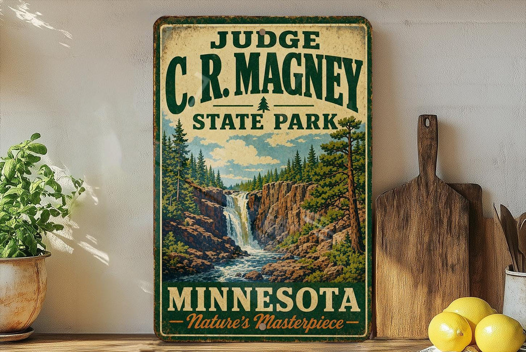 A vintage-style sign for C.R. Magney State Park in Minnesota, featuring a scenic illustration of a waterfall surrounded by pine trees.
