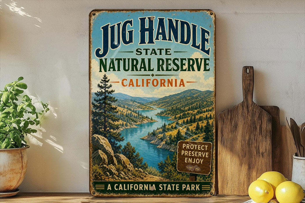 A vintage-style metal sign for the Jug Handle State Natural Reserve in California, featuring a scenic landscape with a river and mountains.