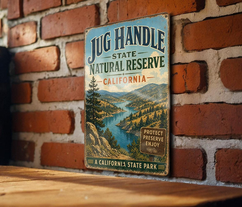 A vintage-style metal sign for the Jug Handle State Natural Reserve in California, featuring a scenic landscape with mountains, trees, and a river.