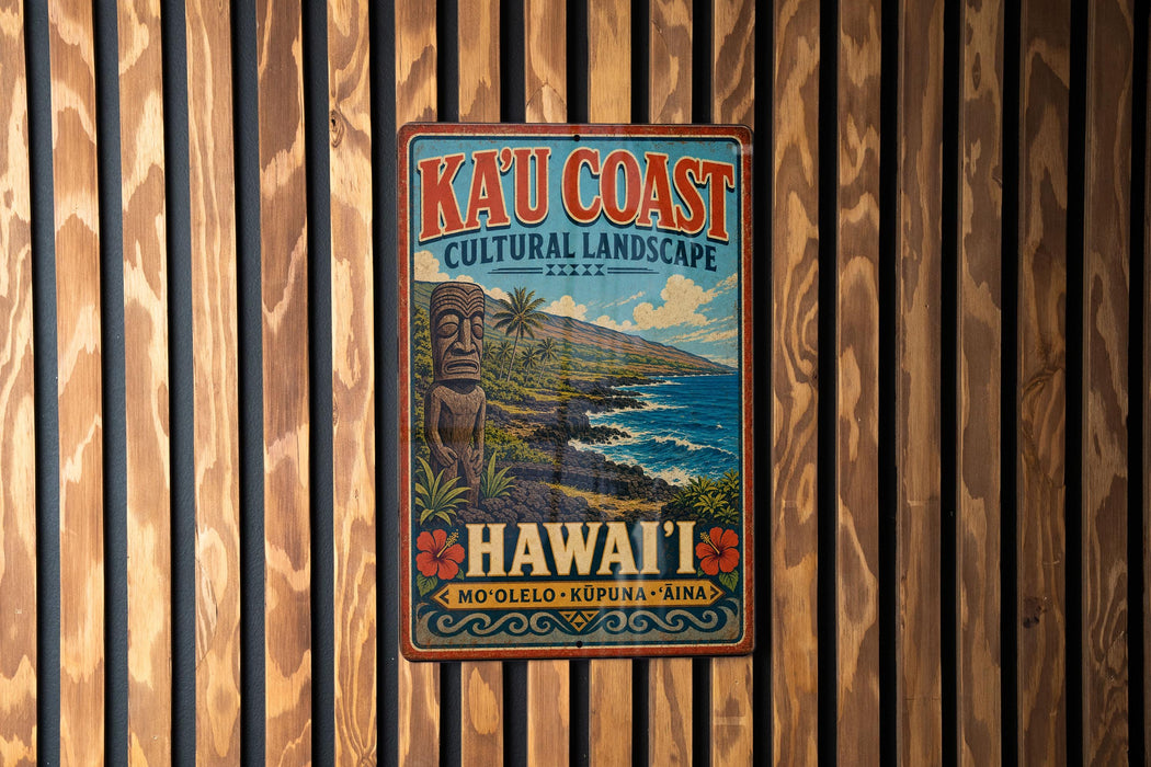 A vintage-style metal sign with the text "Kau Coast Cultural Landscape" and "Hawaii" is displayed on a wooden wall.