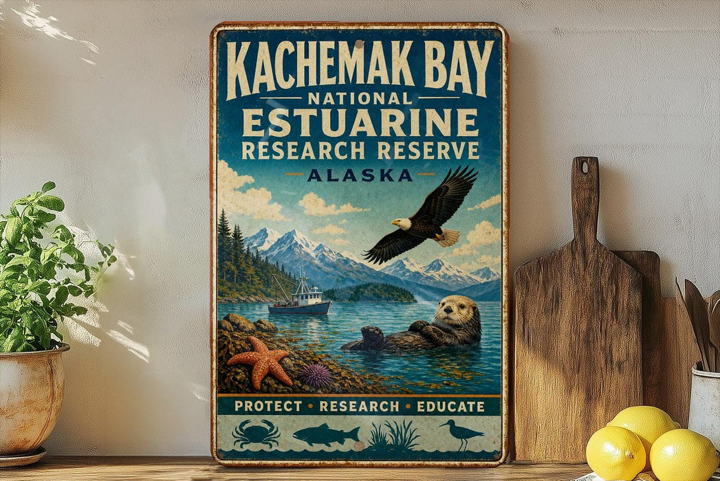 A vintage-style metal sign for the Kachemak Bay National Estuarine Research Reserve in Alaska, featuring an eagle, a sea otter, and a boat on the water.