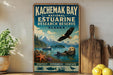 A vintage-style metal sign for the Kachemak Bay National Estuarine Research Reserve in Alaska, featuring an eagle, a sea otter, and a boat on the water.
