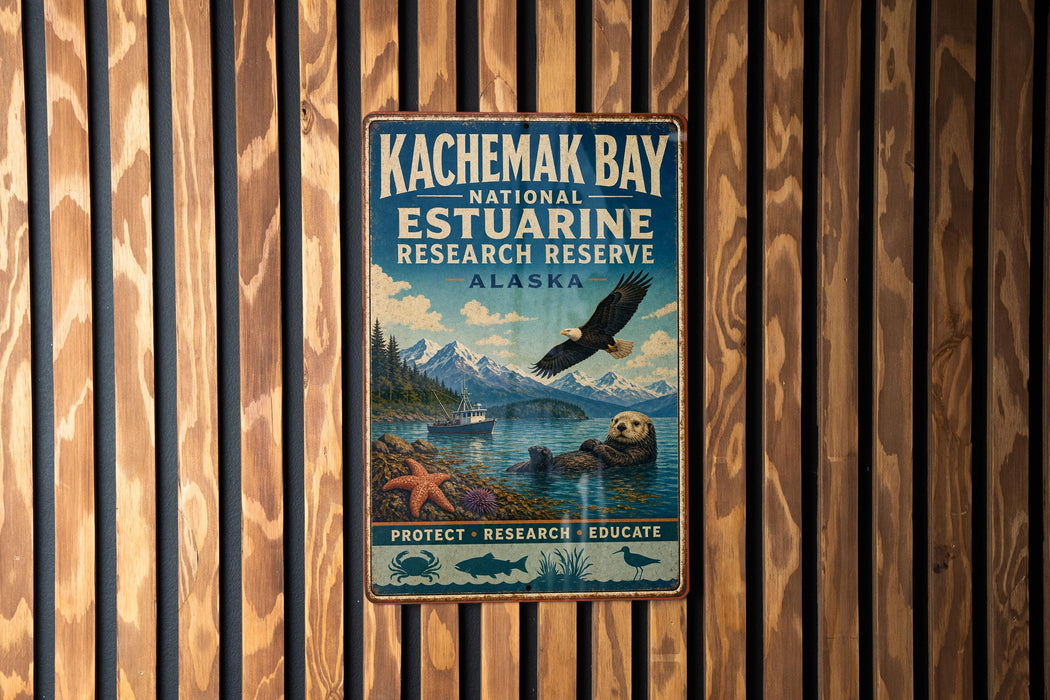 A metal sign for the Kachemak Bay National Estuarine Research Reserve in Alaska, featuring an eagle, a seal, and a boat on the water.