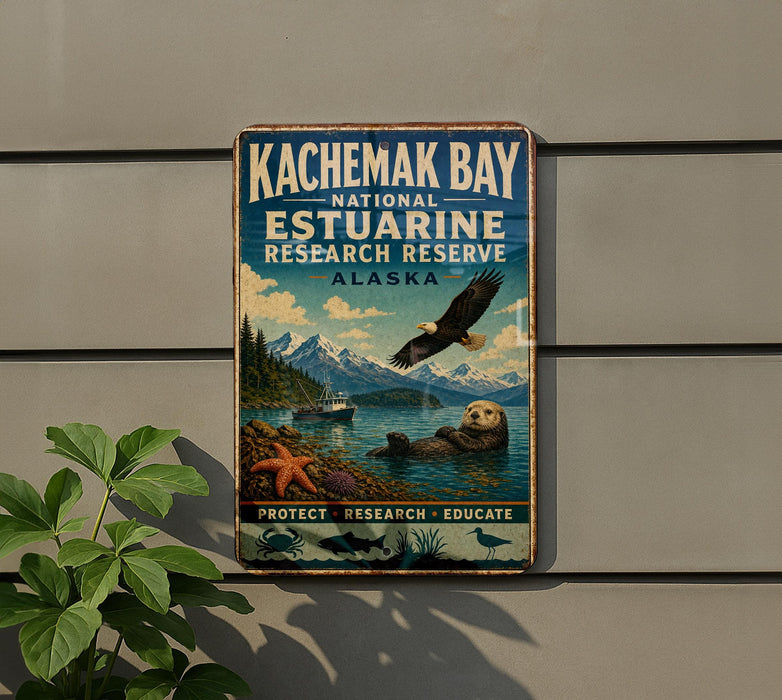 A vintage-style sign for the Kachemak Bay National Estuarine Research Reserve in Alaska, featuring an eagle, a sea otter, and various marine life.