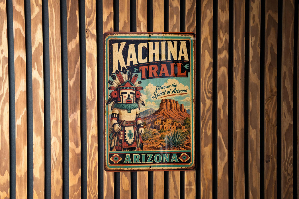 A vintage metal sign with the text "Kachina Trail" and "Discover the Spirit of Arizona" is displayed on a wooden wall.