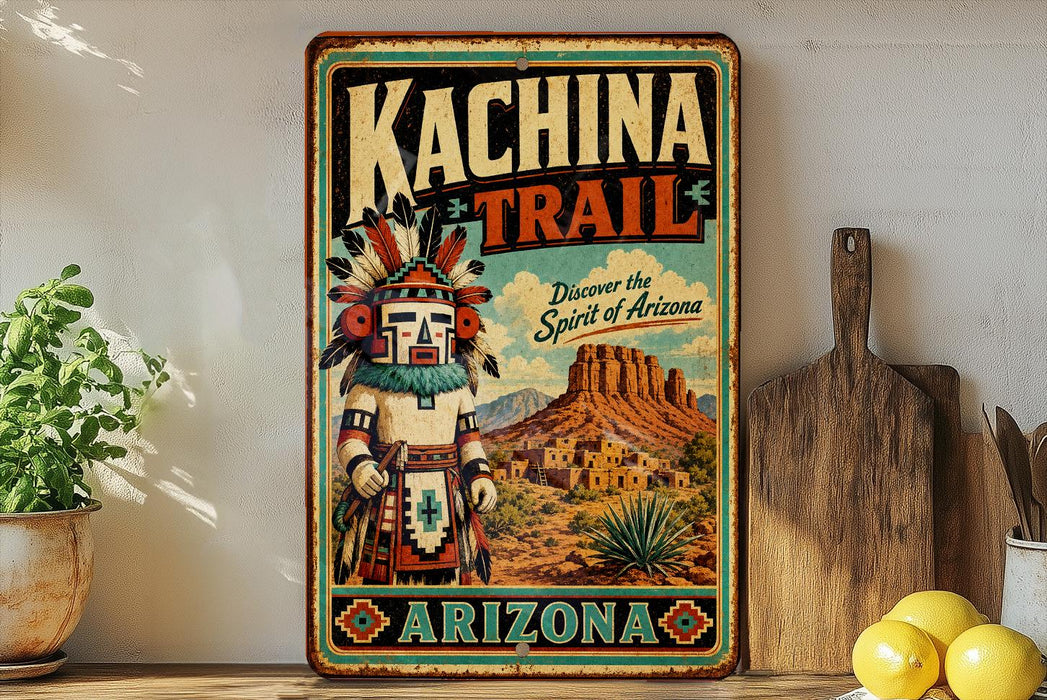 A vintage-style metal sign for the Kachina Trail in Arizona, featuring an illustration of a Native American figure and the text "Discover the Spirit of Arizona".