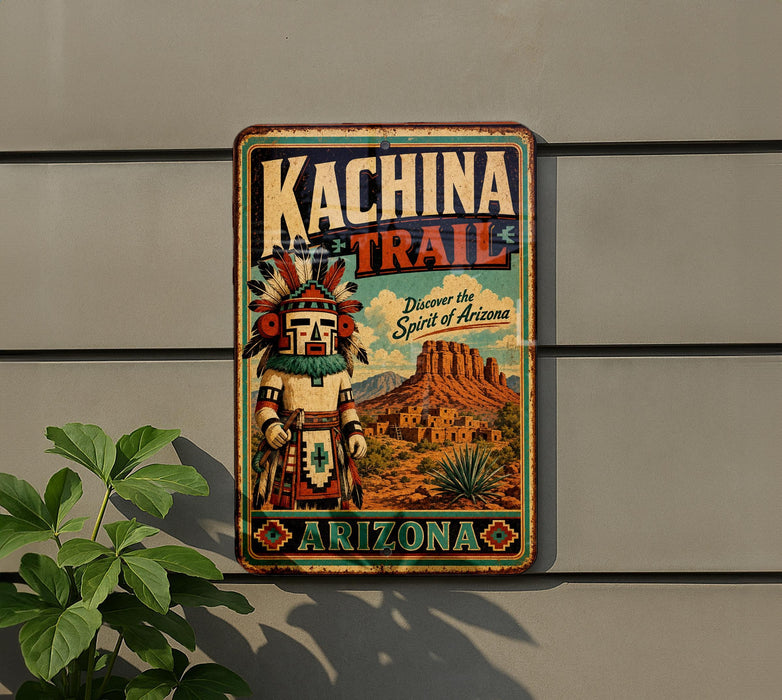 A vintage-style metal sign for the Kachina Trail in Arizona, featuring an illustration of a Native American figure and the text "Kachina Trail" and "Discover the Spirit of Arizona".