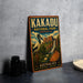 A vintage-style sign for Kakadu National Park, Australia, featuring an illustration of a bird and a waterfall, along with the text "Kakadu National Park - Australia - Australia's Wild Heritage - Ancient Land".