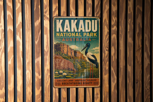 A vintage-style metal sign for Kakadu National Park in Australia, featuring an illustration of a bird and a landscape with a lake and mountains.