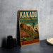 A vintage-style poster for Kakadu National Park, Australia, featuring a scenic illustration of the park's landscape and wildlife.