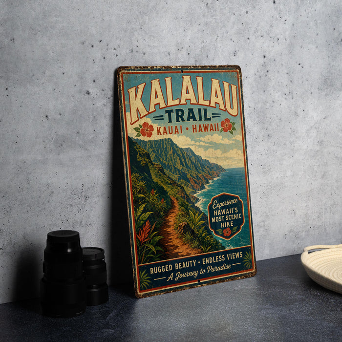 A vintage-style metal sign for the Kalalau Trail in Kauai, Hawaii, featuring a scenic mountain landscape and the trail's name.