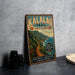 A vintage-style metal sign for the Kalalau Trail in Kauai, Hawaii, featuring a scenic mountain landscape and the trail's name.