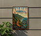 A vintage-style metal sign advertising the Kalalau Trail in Kauai, Hawaii, featuring a scenic mountain landscape and a path leading to the ocean.