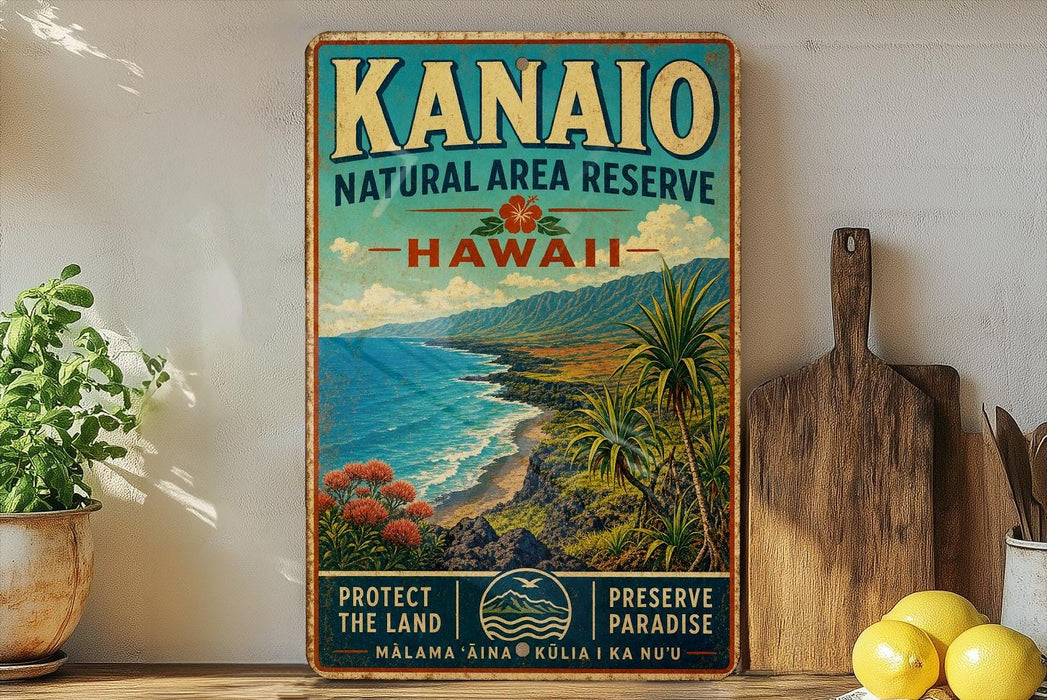 A vintage-style sign for the Kanio Natural Area Reserve in Hawaii, featuring a scenic landscape with mountains, palm trees, and the ocean.