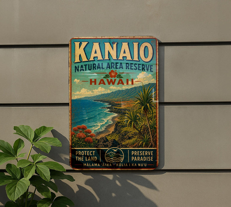 A vintage-style metal sign with the text "KANAIO NATURAL AREA RESERVE HAWAII" and a tropical landscape depicting a beach, mountains, and palm trees.