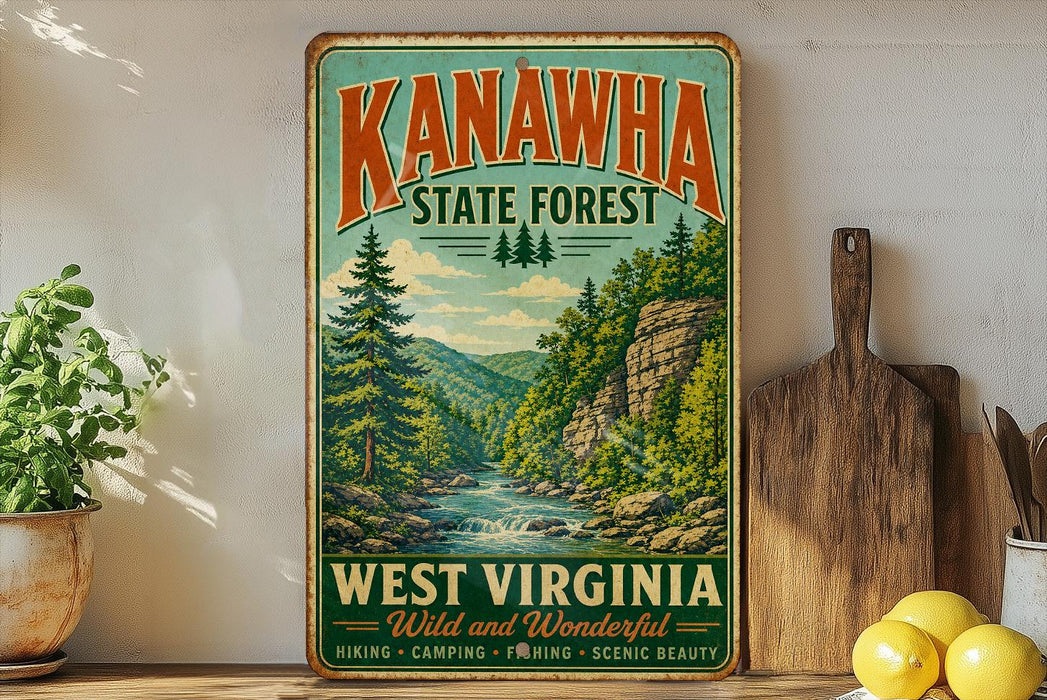 A vintage-style sign for Kanawha State Forest in West Virginia, featuring a scenic mountain landscape with a river and pine trees.