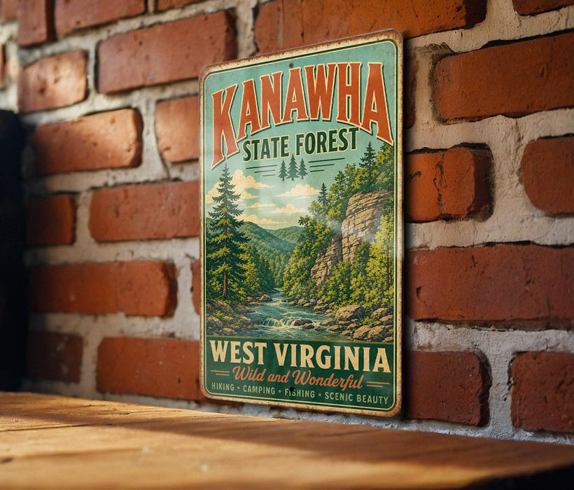 A vintage-style metal sign for Kanawha State Forest in West Virginia, featuring a scenic illustration of a forest landscape with a river and waterfall.