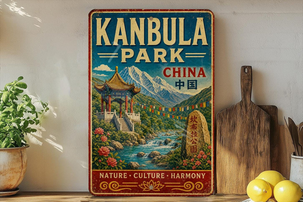 A vintage-style metal sign for Kanbula Park in China, featuring a traditional Chinese temple and a scenic landscape with a river and mountains.