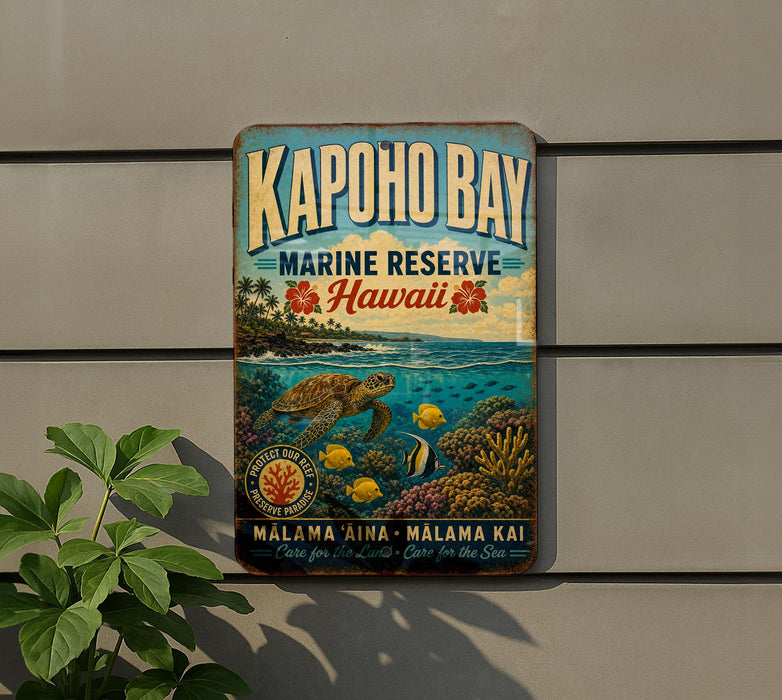 A vintage metal sign for Kapoho Bay, Hawaii, featuring a turtle and coral reef, is displayed on a wall next to a plant.